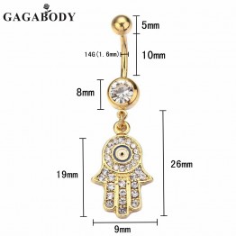  14G Gold-plated Hamsa Hand Belly Ring Dangle Button Ring Dangle Body Piercing