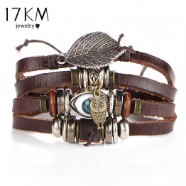17KM Punk Design Turkish Evil Eye Bracelets For Women Men Wristband Female Owl Leather Bracelet Ethnic Turquoise Vintage Jewelry