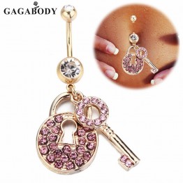 1PC 14KT Gold Plated Piercing 316L Surgical Steel Crystal Belly Ring Navel Bar Gold Lock & Key Dangle Body Jewelry Piercing
