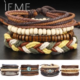 1Set Multilayer Leather Bracelet Men Jewelry Boho Rock Wood Bead Bracelets For Women Love Vintage Bracelets & Bangles Gift