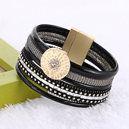 2016 New Design Bamboo Leather Round Buckle Rhinestone Wide Magnetic Bracelets&Bangles for Women Men Gift