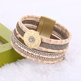 2016 New Design Bamboo Leather Round Buckle Rhinestone Wide Magnetic Bracelets&Bangles for Women Men Gift
