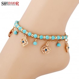 Bohemian turquoise Foot chain Anklets for women Gold plated chain barefoot sandals foot jewelry Love Rose flower Ankle bracelets