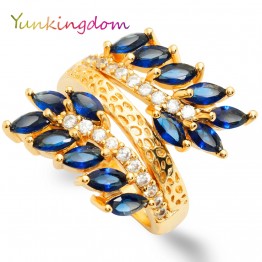 Yunkingdom Trendy Leaves Design  Gold Plated Rings Dark Blue  zircon crystal Bride's Wedding Ring For Women Fine Jewelry ALP0606